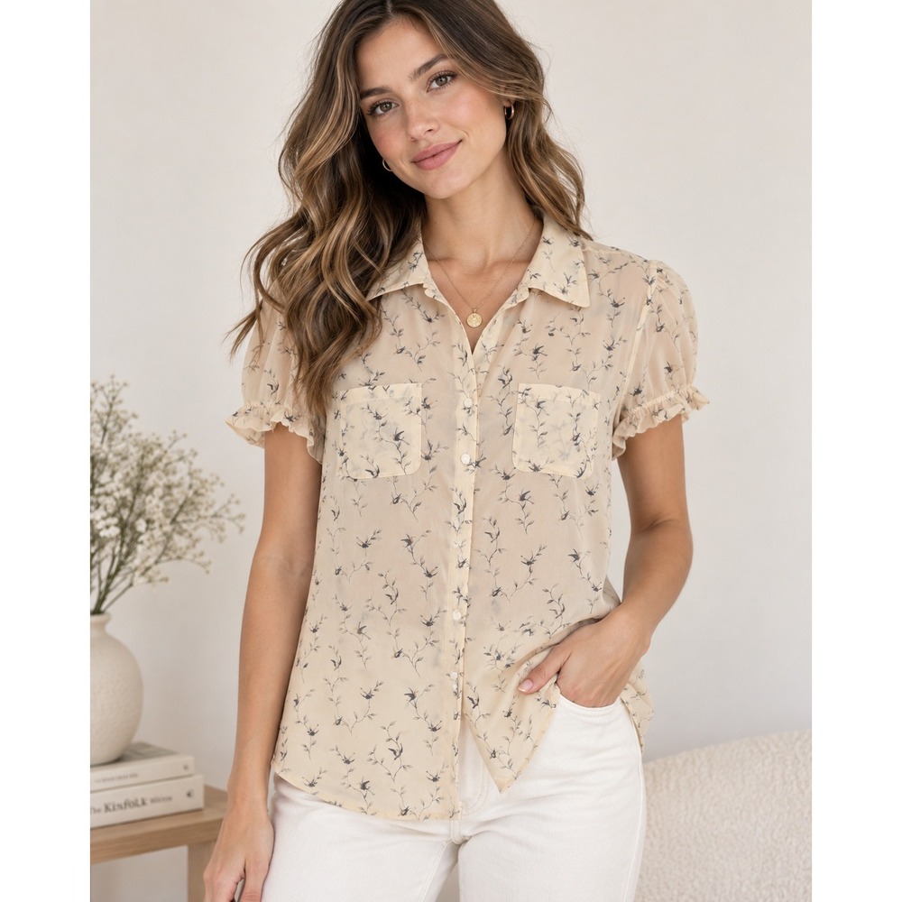 Banana Republic 100% Silk Bird Print Ruffle Sleeve Blouse XL Cream Short Sleeve